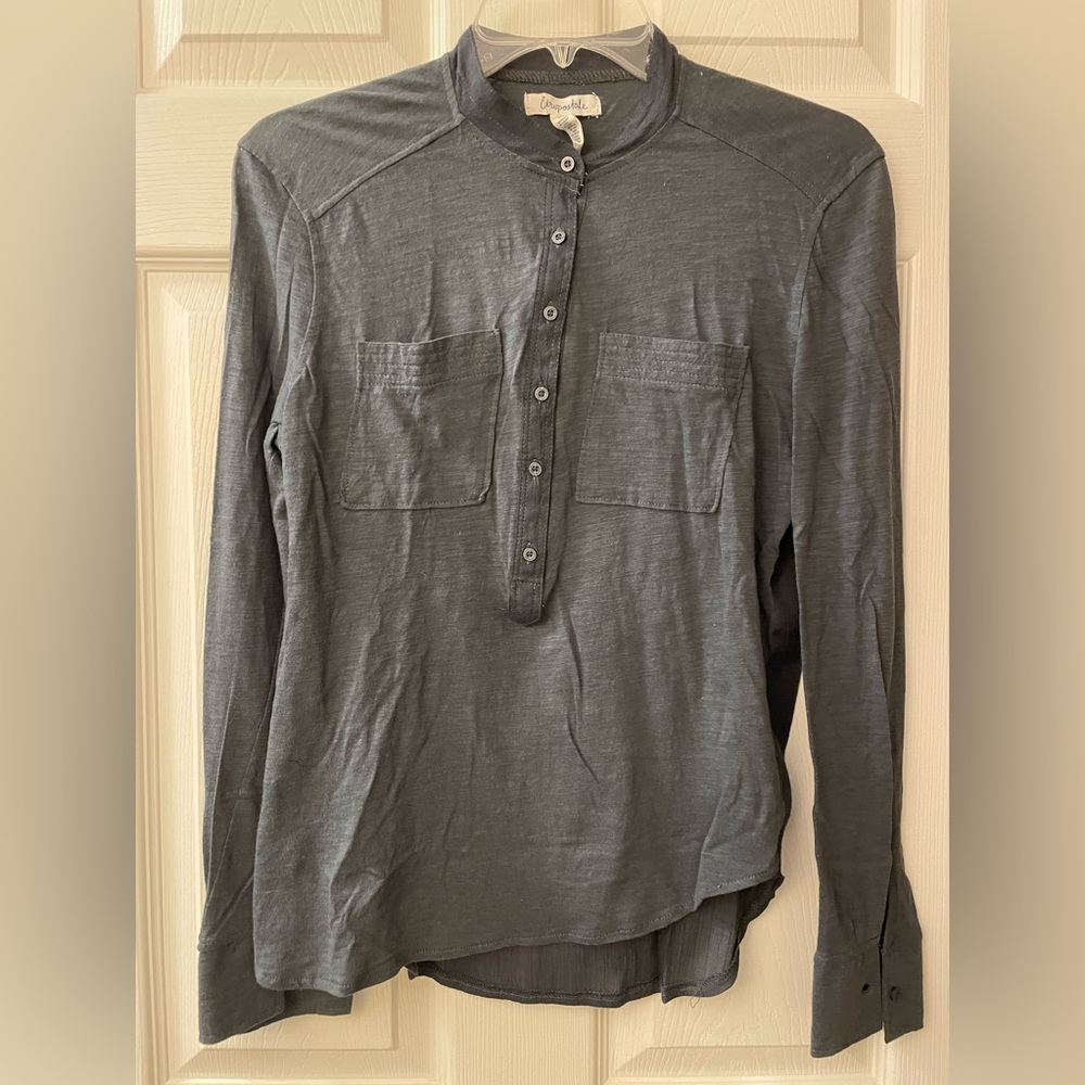 Aeropostale Grey-Blue Long Sleeve Cotton Crew Neck Henley Knit T Shirt Top